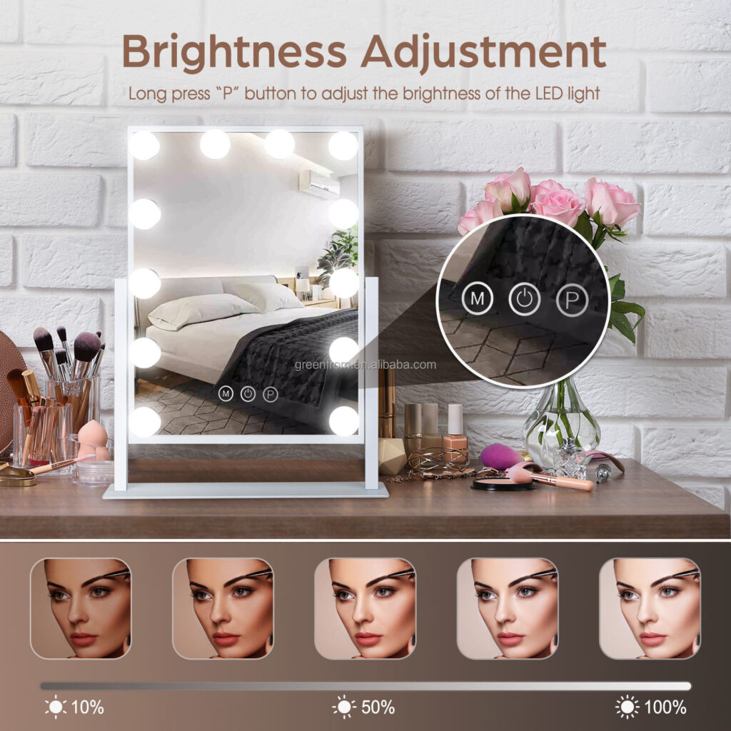 Are Hollywood Mirrors Good for Makeup? A Professional's Complete Guide 1 Close-up of the LED vanity mirror's control buttons (M, Power, P), showing a visual guide on how to adjust brightness from 10% to 100% for perfect makeup lighting.
